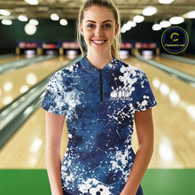 Load image into Gallery viewer, Woman wearing a blue and white patterned bowling shirt with 'Your Name' text in a bowling alley.