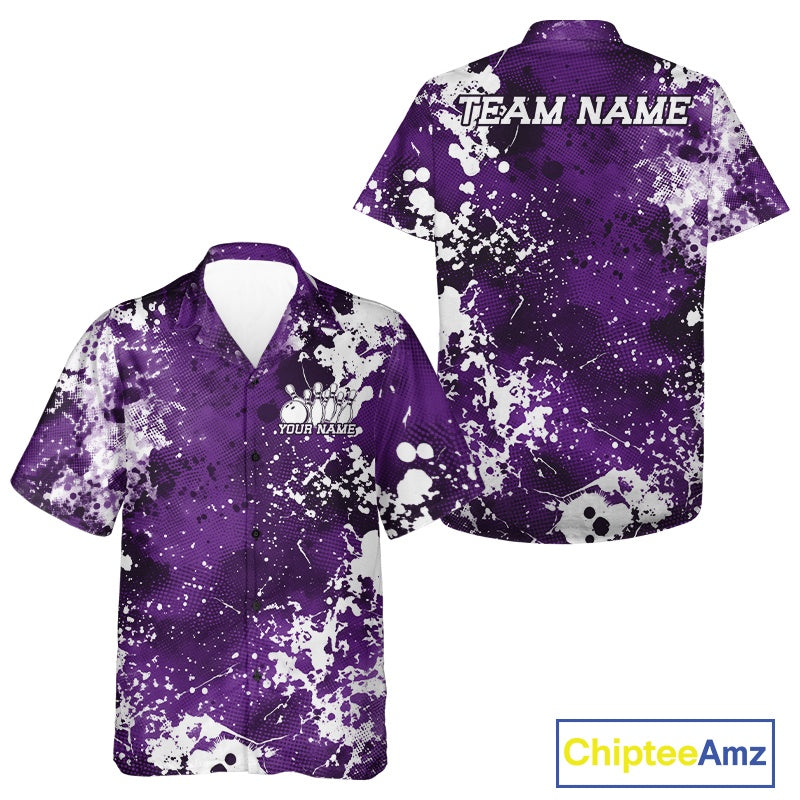 Purple and white splatter patterned shirt with customizable text on a white background