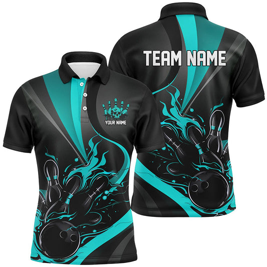 Blue And Black Flame Bowling Team Shirts, Strike Bowling Short Sleeve Polo Shirts For Men IPHW6756