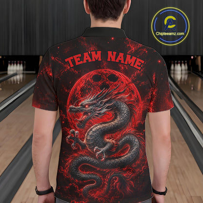 Back view of a male model in a bowling alley wearing a red custom bowling polo shirt featuring an ancient dragon, flames, and a moon-inspired bowling ball design.