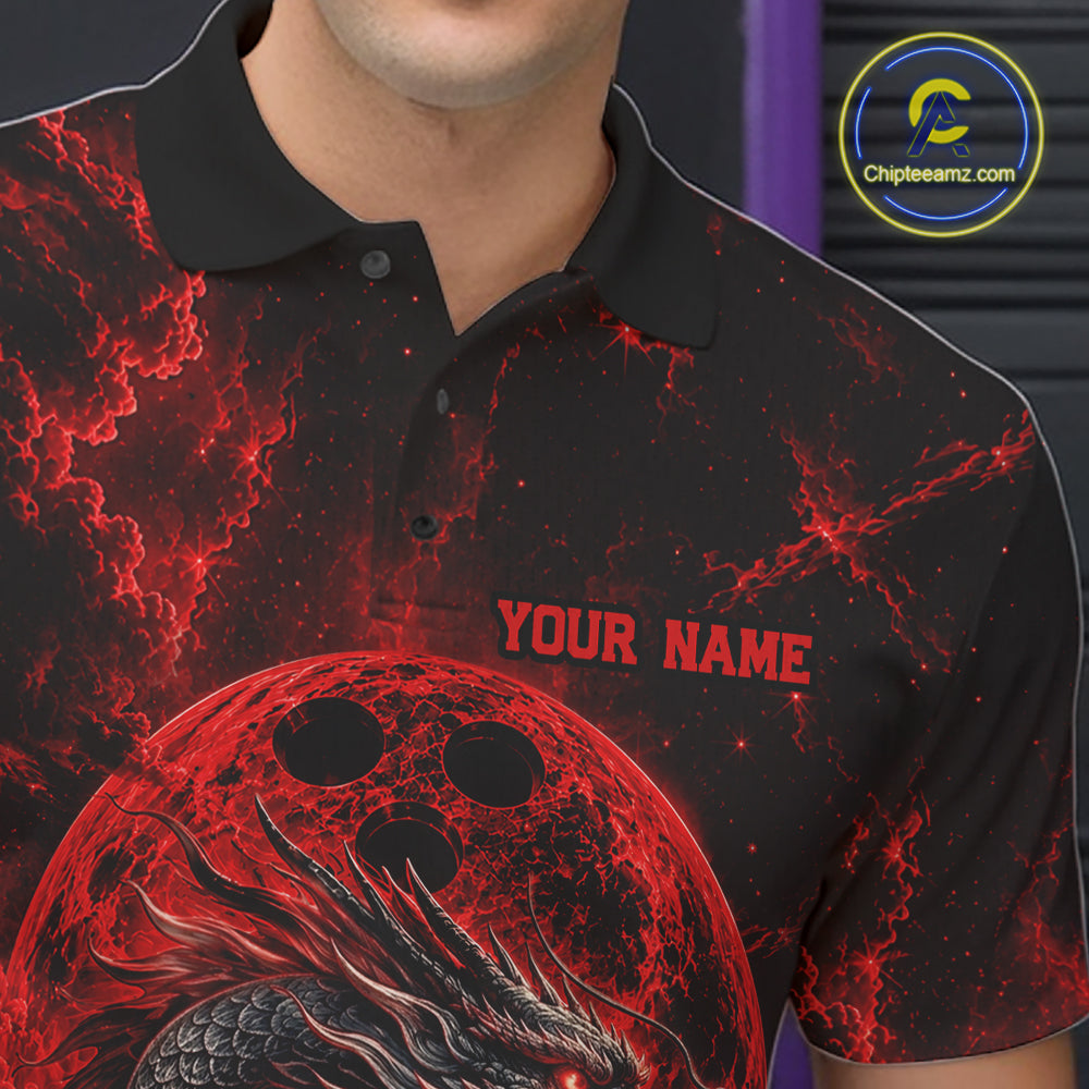 Close-up front view of the left chest area on a red custom bowling polo shirt featuring an ancient dragon, flames, and a moon-inspired bowling ball design.