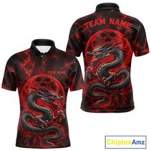Load image into Gallery viewer, Front and back views of a red custom men's bowling polo shirt featuring an ancient dragon, flames, and a moon-inspired bowling ball design.