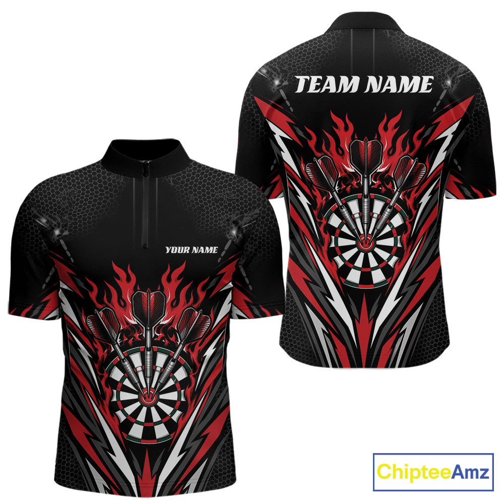 Custom Black And Red Flame Bullseye Darts Men Quarter Zip Shirt, Darts Team Jerseys IPHW11717