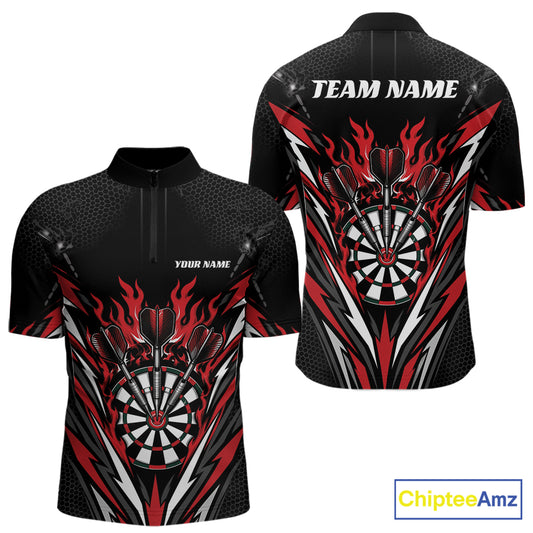 Custom Black And Red Flame Bullseye Darts Men Quarter Zip Shirt, Darts Team Jerseys IPHW11717