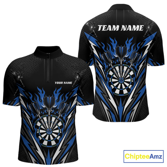Custom Black And Blue Flame Bullseye Darts Men Quarter Zip Shirt, Darts Team Jerseys IPHW11719