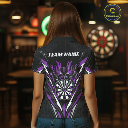 Custom Black And Purple Flame Bullseye Darts Women Polo Shirt, Darts Team Jerseys IPHW11720