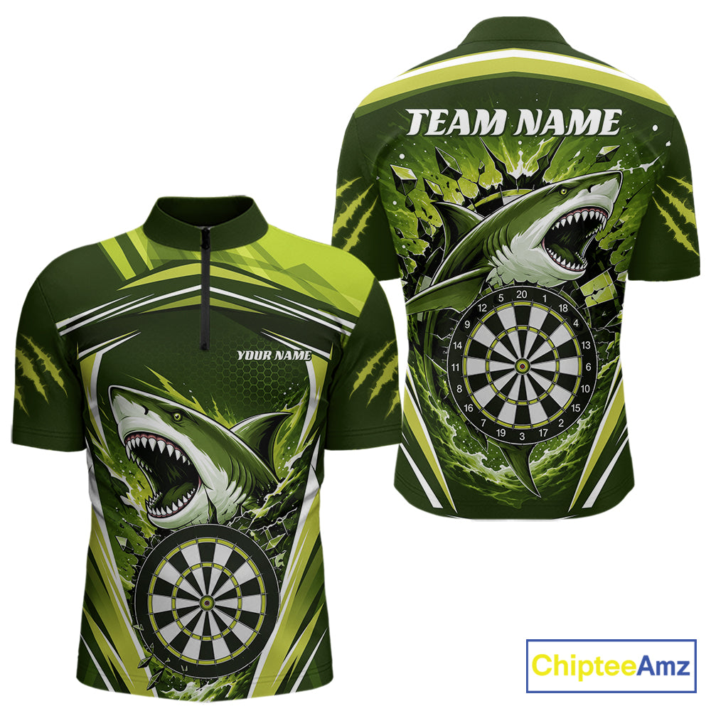Custom Green Shark With Broken Dartboard Darts Team Men Quarter Zip Shirt, Darts League Shirt IPHW11737