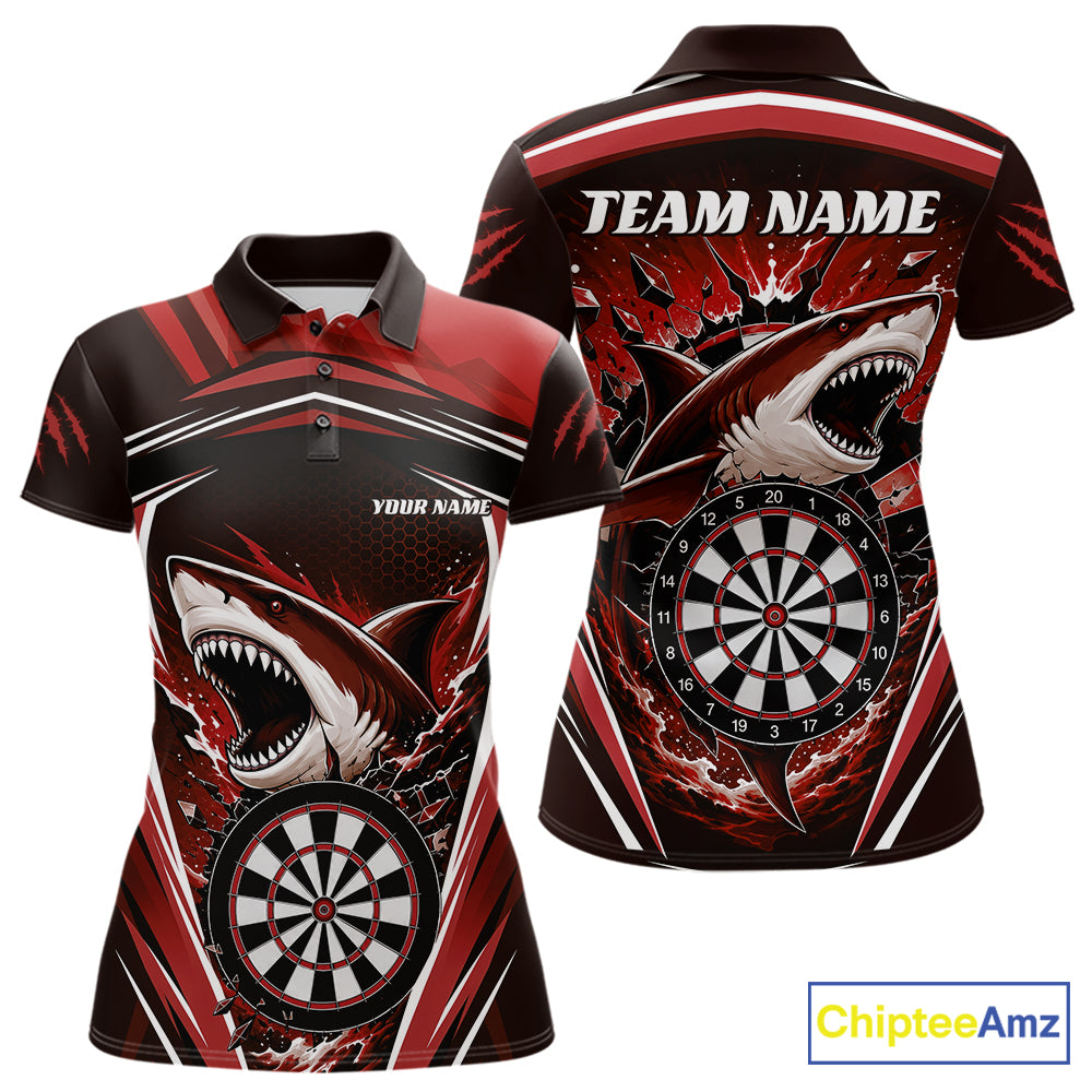 Custom Red Shark With Broken Dartboard Darts Team Polo Shirt For Women, Darts League Shirt IPHW11738
