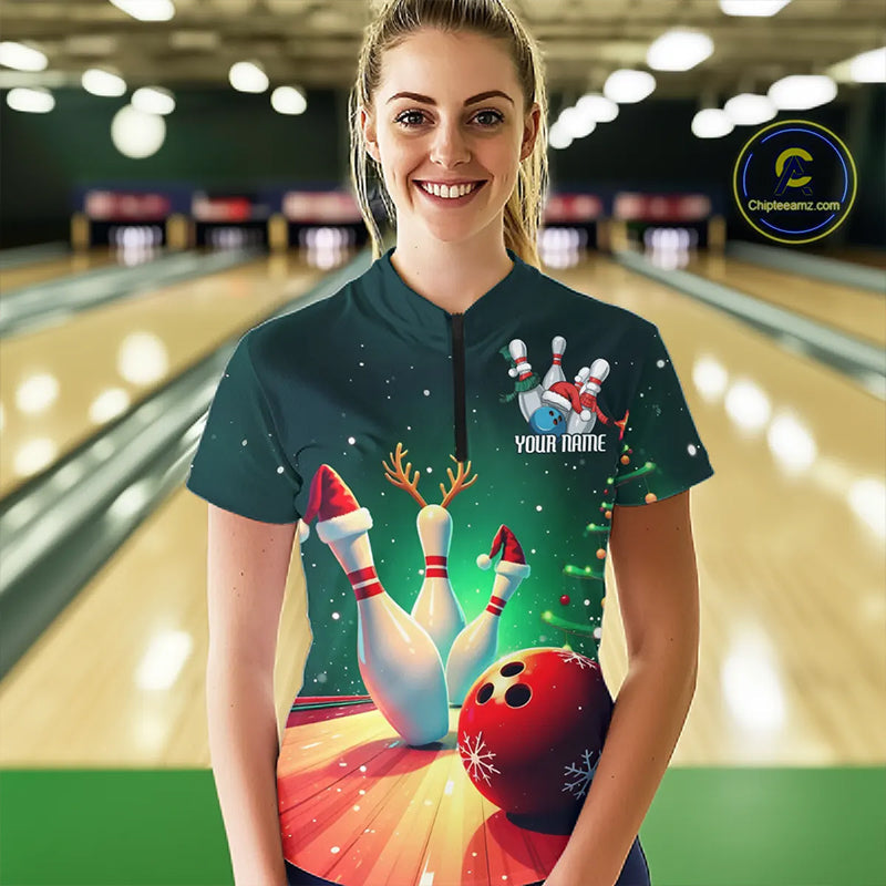 Custom Christmas Ladies Bowling Shirts, Bowling Team Shirt Christmas Bowling Outfits IPHW7841