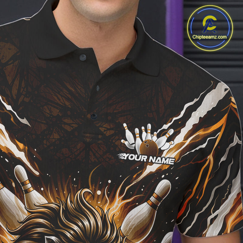 Custom Black And Gold Lion Bowling Jerseys, Lion Bowling Tournament Men Polo Shirt IPHW10354