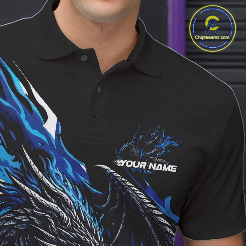 Custom Blue Flame Dragon Bowling Men Polo Team Shirts, Bowling Tournament Shirt IPHW10359