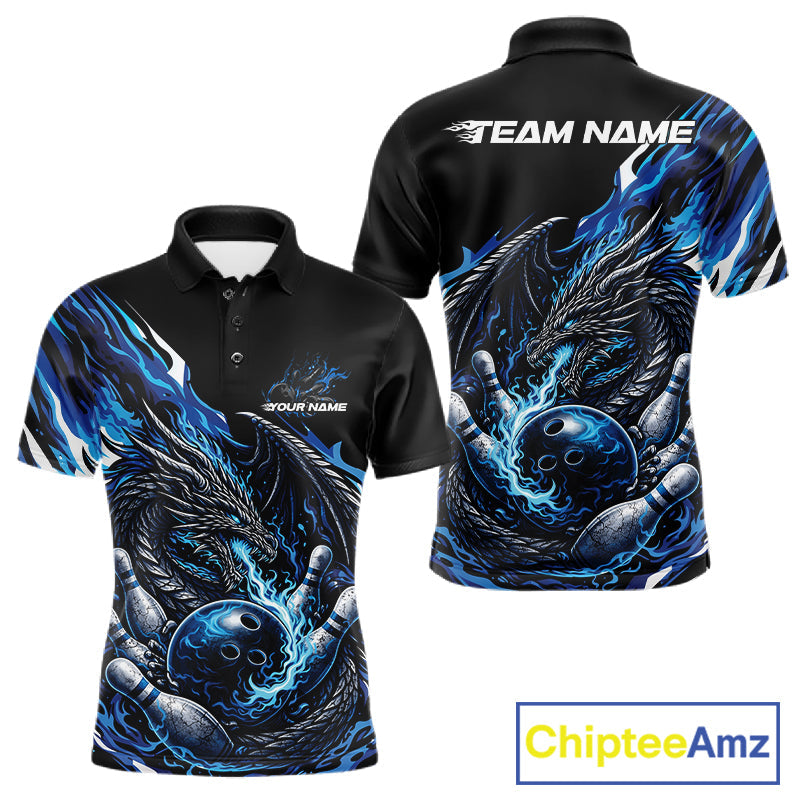 Custom Blue Flame Dragon Bowling Men Polo Team Shirts, Bowling Tournament Shirt IPHW10359
