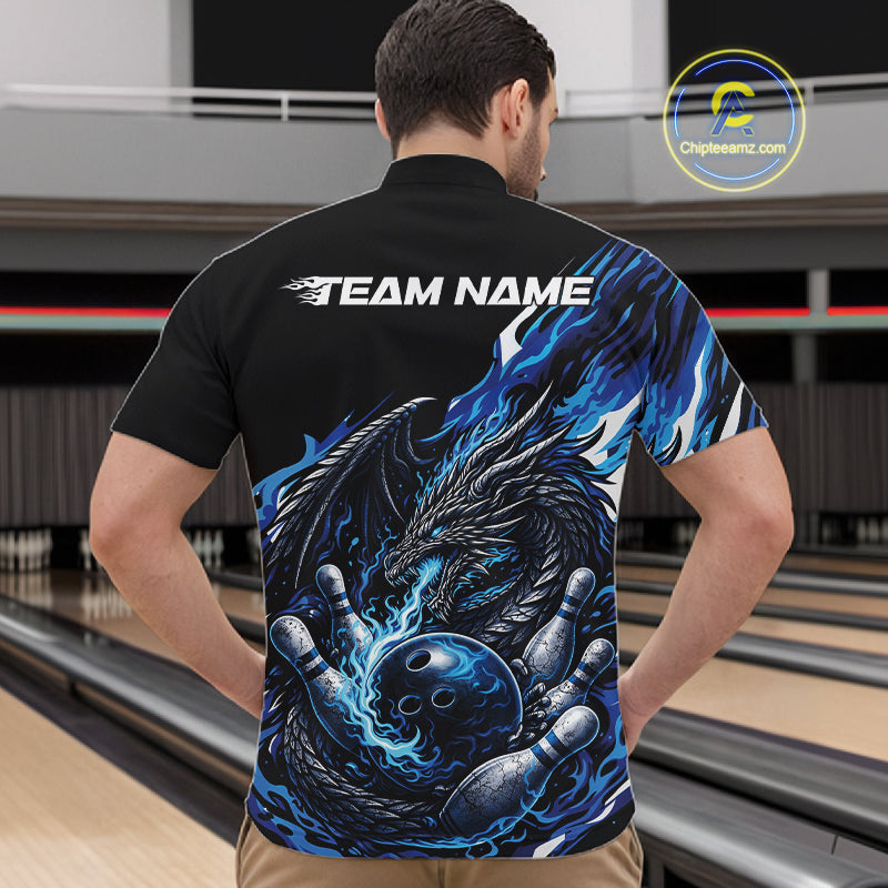 Custom Blue Flame Dragon Bowling Men Quarter-Zip Team Shirts, Bowling Tournament Shirt IPHW10359