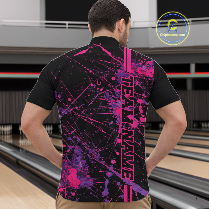 Custom Purple And Pink Splatter Camo Strike Bowling League Shirts, Men Bowling Jerseys IPHW10649