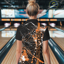 Load image into Gallery viewer, Custom Black And Orange Splatter Camo Strike Bowling League Shirt, Women Bowling Jerseys IPHW10650