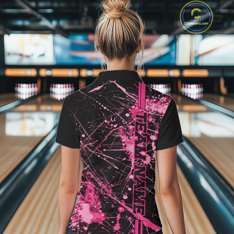 Custom Black And Pink Splatter Camo Strike Bowling League Shirts, Women Bowling Jerseys IPHW10651