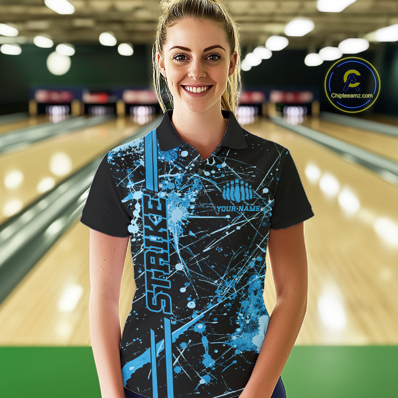 Custom Black And Blue Splatter Camo Strike Bowling League Shirts, Women Bowling Jerseys IPHW10652