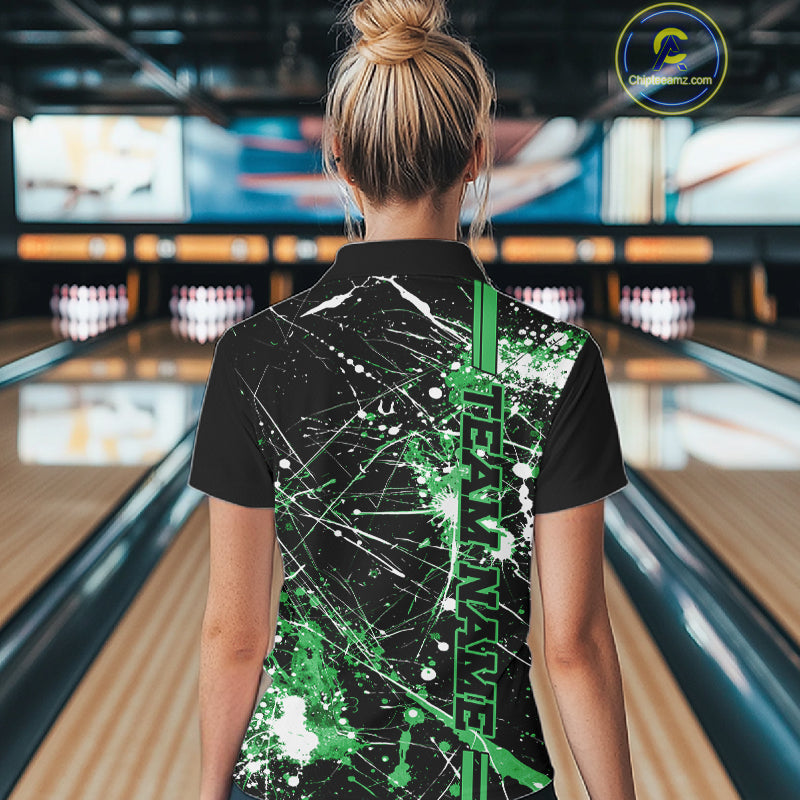 Custom Black And Green Splatter Camo Strike Bowling League Shirts, Women Bowling Jerseys IPHW10653