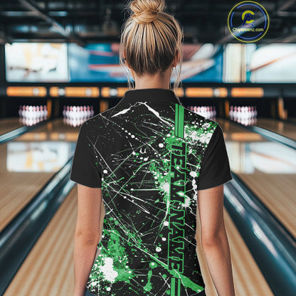 Custom Black And Green Splatter Camo Strike Bowling League Shirts, Women Bowling Jerseys IPHW10653