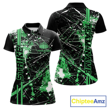 Custom Black And Green Splatter Camo Strike Bowling League Shirts, Women Bowling Jerseys IPHW10653