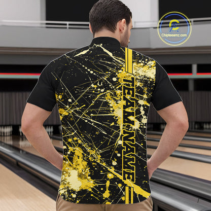 Custom Black And Yellow Splatter Camo Strike Bowling League Shirts, Men Bowling Jerseys IPHW10654