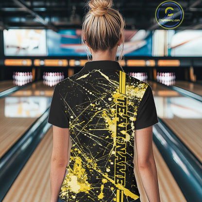 Custom Black And Yellow Splatter Camo Strike Bowling League Shirt, Women Bowling Jerseys IPHW10654