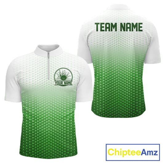 Custom Name Green Bowling Jerseys For Men, Bowling League Quarter-Zip Shirt Bowler Outift IPHW10658