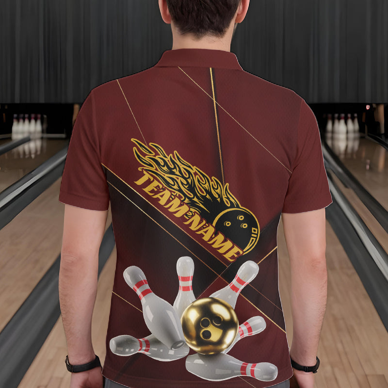 Custom Red And Gold Bowling Shirts For Men, Flame Bowling Team Shirts Bowling Uniform IPHW10660