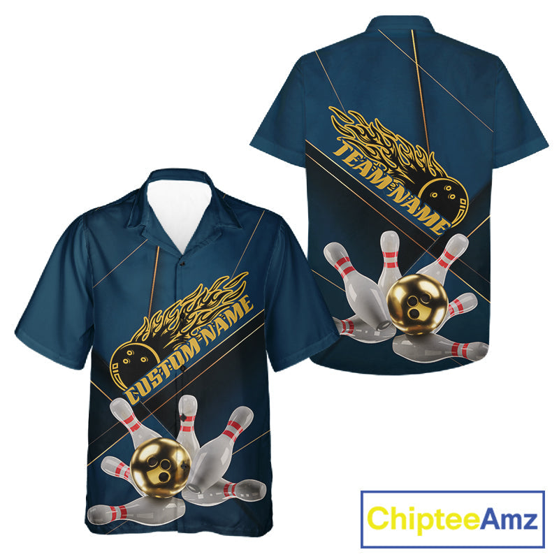 Custom Blue And Gold Bowling Shirts For Men And Women, Flame Bowling Team Shirts Bowling Uniform IPHW10661
