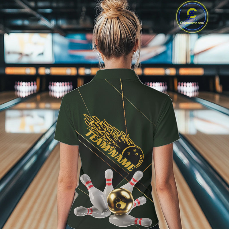 Custom Green And Gold Bowling Shirts For Women, Flame Bowling Team Shirts Bowling Uniform IPHW10663