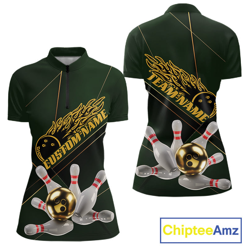 Custom Green And Gold Bowling Shirts For Women, Flame Bowling Team Shirts Uniform IPHW10663