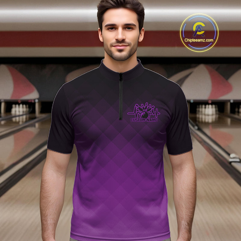 Bowling Heartbeat Pulse Line Purple Argyle Custom Bowling Team Quarter-Zip Shirts For Men IPHW10665