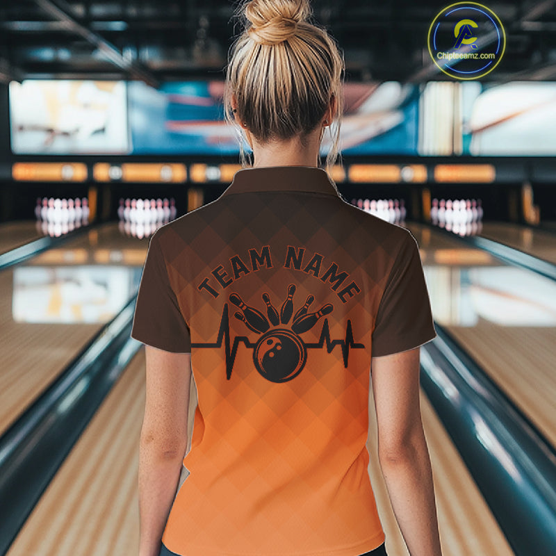 Bowling Heartbeat Pulse Line Orange Argyle Custom Bowling Team Polo Shirts For Women IPHW10666
