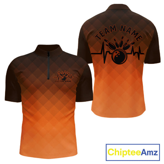 Bowling Heartbeat Pulse Line Orange Argyle Custom Bowling Team Quarter-Zip Shirts For Men IPHW10666
