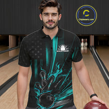 Load image into Gallery viewer, Custom Turquoise Blue US Flag Patriotic Men Bowling Shirt, American Flame Bowling Jersey IPHW11149