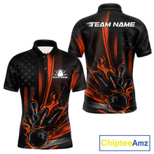 Load image into Gallery viewer, Custom Orange US Flag Patriotic Men Bowling Shirt, American Flame Bowling Jersey IPHW11150