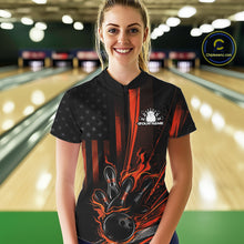 Load image into Gallery viewer, Custom Orange US Flag Patriotic Women Bowling Shirt, American Flame Bowling Jersey IPHW11150
