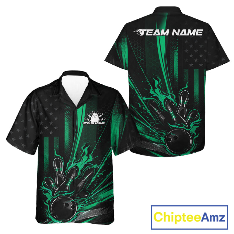 Front and back view of a black and green button-up bowling shirt featuring distressed American flag styling with a patriotic bowling strike design.
