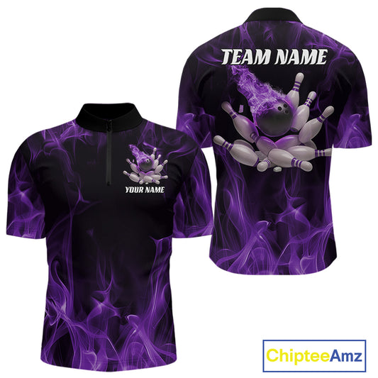 Front and back view of a black and purple mens bowling quarter-zip shirt featuring a bowling ball crashing into scattered pins with bold flame artwork.