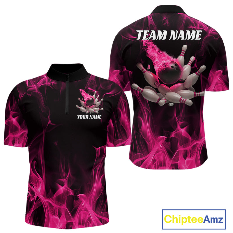Front and back display of a black and pink mens bowling quarter-zip shirt featuring a bowling ball crashing into scattered pins with dynamic flame graphics.