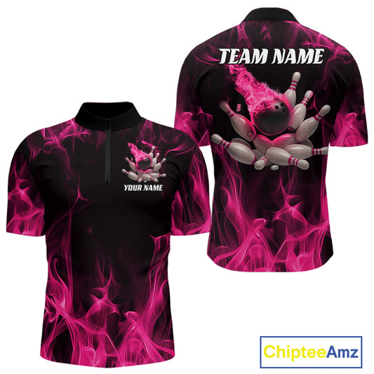Front and back display of a black and pink mens bowling quarter-zip shirt featuring a bowling ball crashing into scattered pins with dynamic flame graphics.