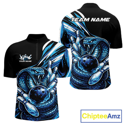 Custom Black And Blue Cobra Snake Men Bowling Quarter-Zip Shirts, Cobra Bowling Jerseys IPHW10371