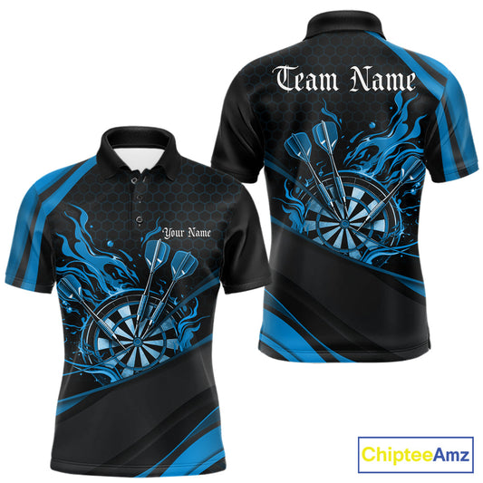 Custom Blue Fire Flame Dartboard Darts Team Men Polo Shirts, Dart League Shirts IPHW10379