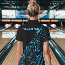 Load image into Gallery viewer, Custom Blue Patriotic Flame Bowling Women Polo Shirt, US Flag Bowler Jersey IPHW11166