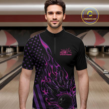 Load image into Gallery viewer, Custom Pink Purple Patriotic Flame Bowling Men Quarter-Zip Shirt, US Flag Bowler Jersey IPHW11167