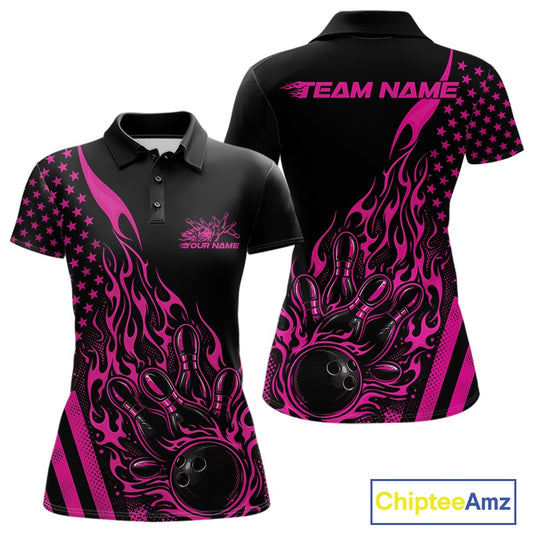 Front and back display of a black women’s bowling polo shirt featuring a pink flaming bowling ball striking pins with American flag accents.