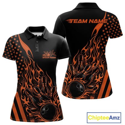 Front and back view of a black women’s bowling polo shirt featuring an orange flaming bowling ball striking pins with a patriotic American flag theme.
