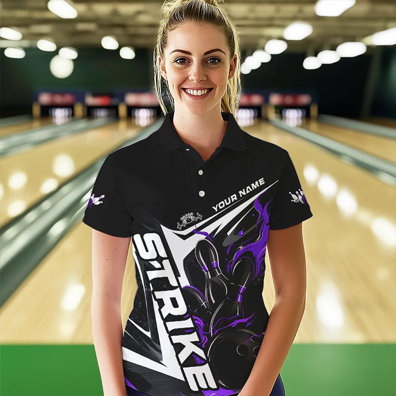 Custom Black And Purple Flame Strike Bowling Polo Shirts For Women, Strike Bowling Jerseys IPHW8315
