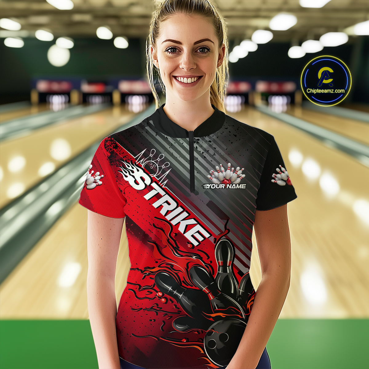 Custom Red Strike Flame Bowling Women Quarter Zip Shirt, Bowling Team Shirt Bowler Outift IPHW9615
