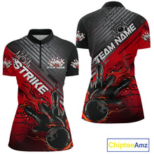Load image into Gallery viewer, Custom Red Strike Flame Bowling Women Quarter Zip Shirt, Bowling Team Shirt Bowler Outift IPHW9615